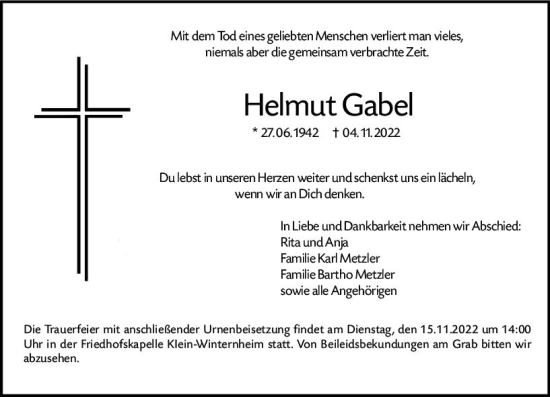 Traueranzeige von Helmut Gabel von vrm-trauer AZ Mainz