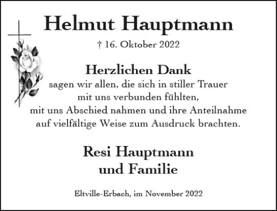 Traueranzeige von Helmut Hauptmann von vrm-trauer Rheingau