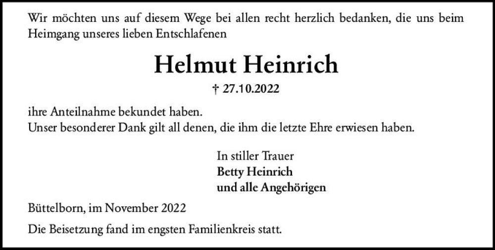  Traueranzeige für Helmut Heinrich vom 19.11.2022 aus vrm-trauer Groß-Gerauer Echo