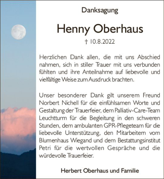 Traueranzeige von Henny Oberhaus von vrm-trauer Rüsselsheimer Echo / MainSpitze