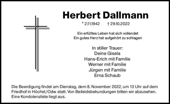 Traueranzeige von Herbert Dallmann von vrm-trauer Odenwälder Echo