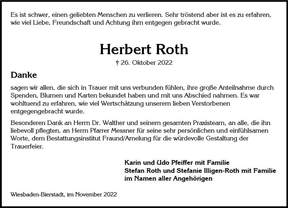  Traueranzeige für Herbert Roth vom 12.11.2022 aus vrm-trauer Wiesbadener Kurier