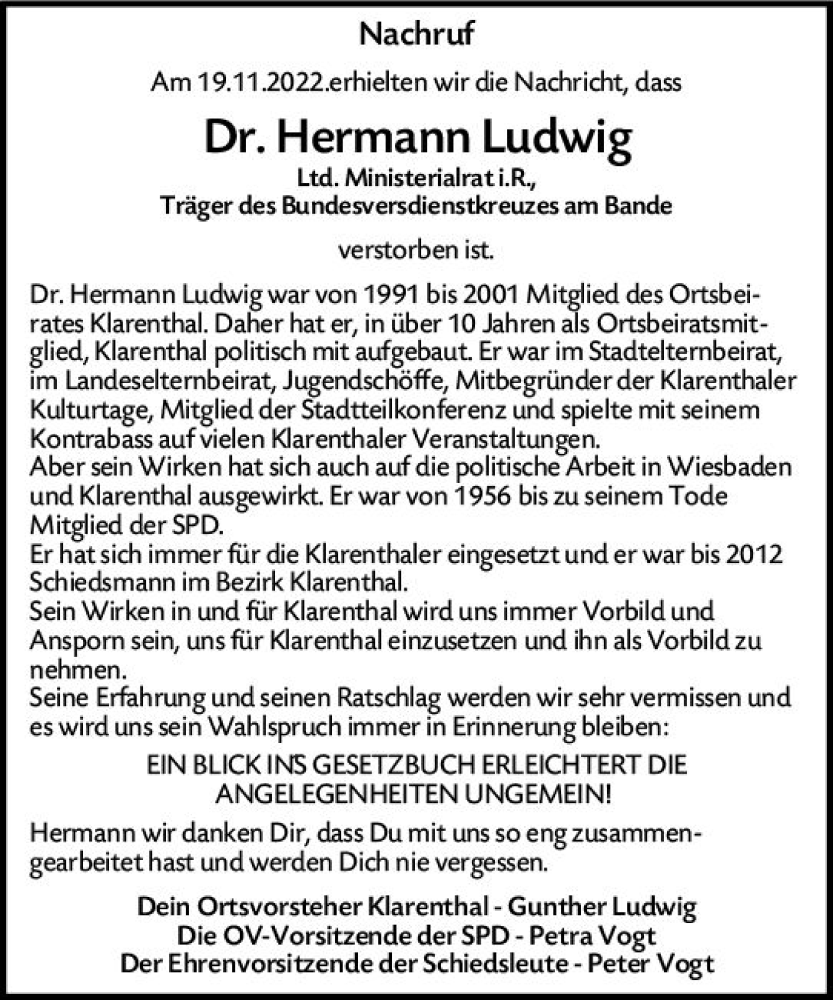  Traueranzeige für Hermann Ludwig vom 26.11.2022 aus vrm-trauer Wiesbadener Kurier