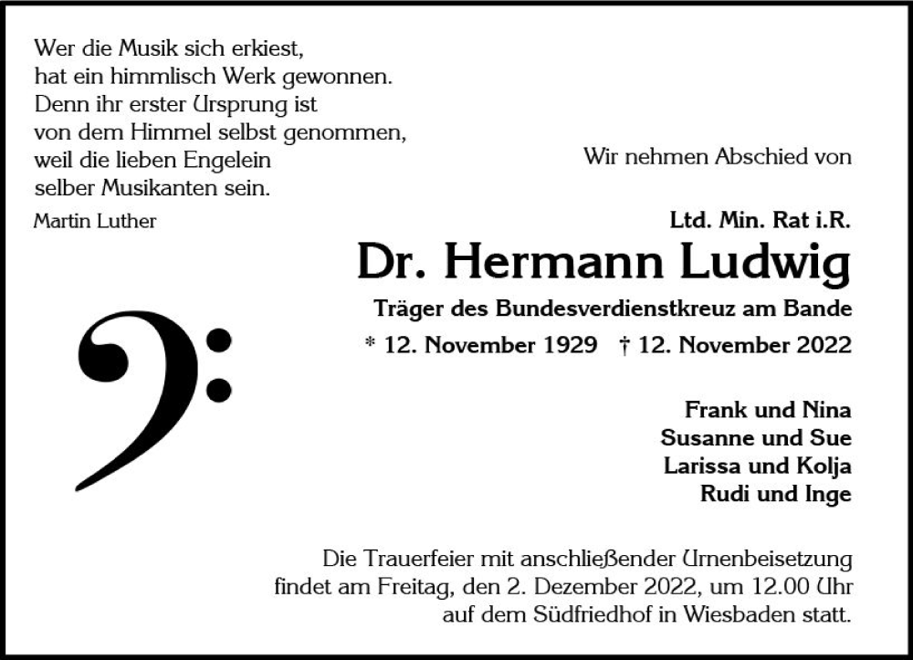  Traueranzeige für Hermann Ludwig vom 19.11.2022 aus vrm-trauer Wiesbadener Kurier