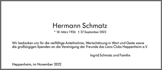 Traueranzeige von Hermann Schmatz von vrm-trauer Bürstädter/Lamperth. Ztg/Starkenburger