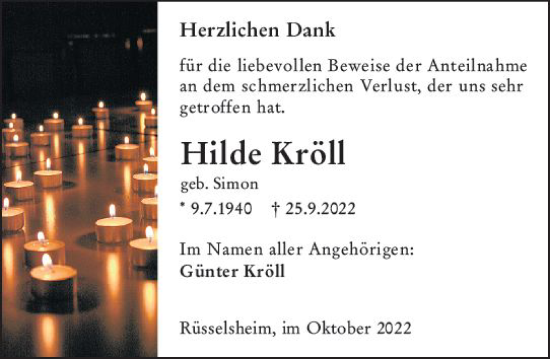 Traueranzeige von Hilde Kröll von vrm-trauer Rüsselsheimer Echo / MainSpitze