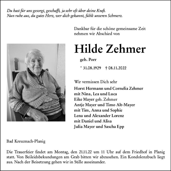 Traueranzeige von Hilde Zehmer von vrm-trauer Allg. Zeitung Bad Kreuznach