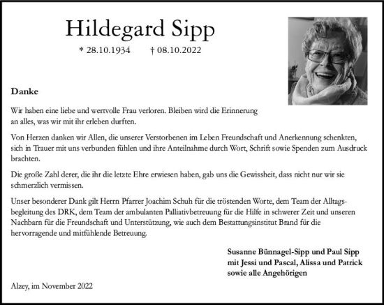 Traueranzeige von Hildegard Sipp von vrm-trauer Allgemeine Zeitung Alzey