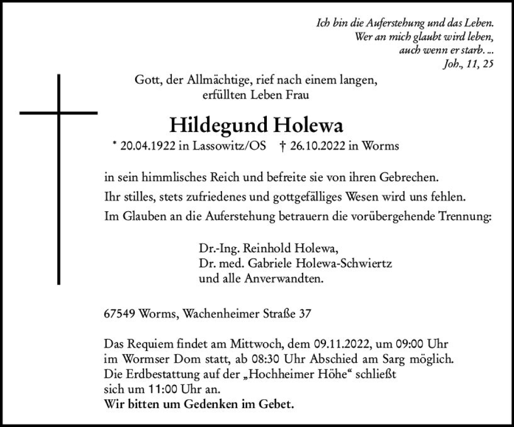  Traueranzeige für Hildegund Holewa vom 05.11.2022 aus vrm-trauer Wormser Zeitung