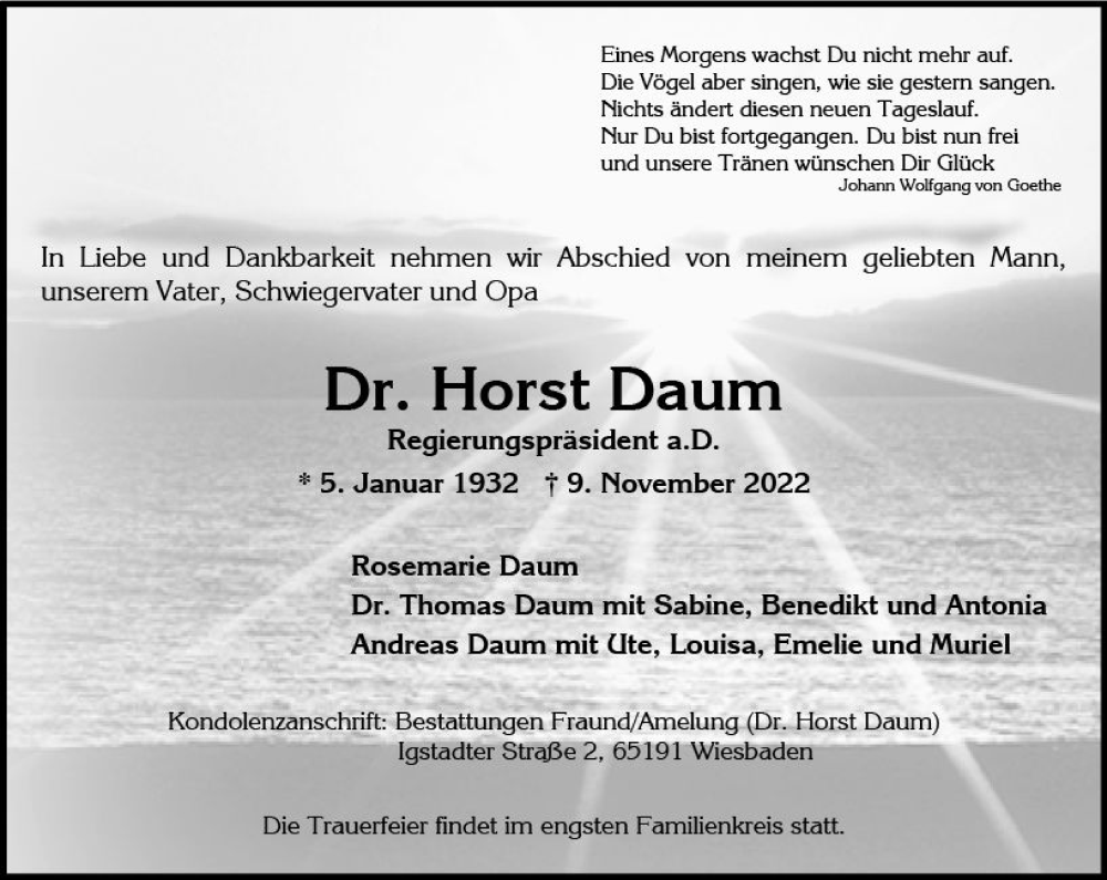  Traueranzeige für Horst Daum vom 19.11.2022 aus vrm-trauer Wiesbadener Kurier