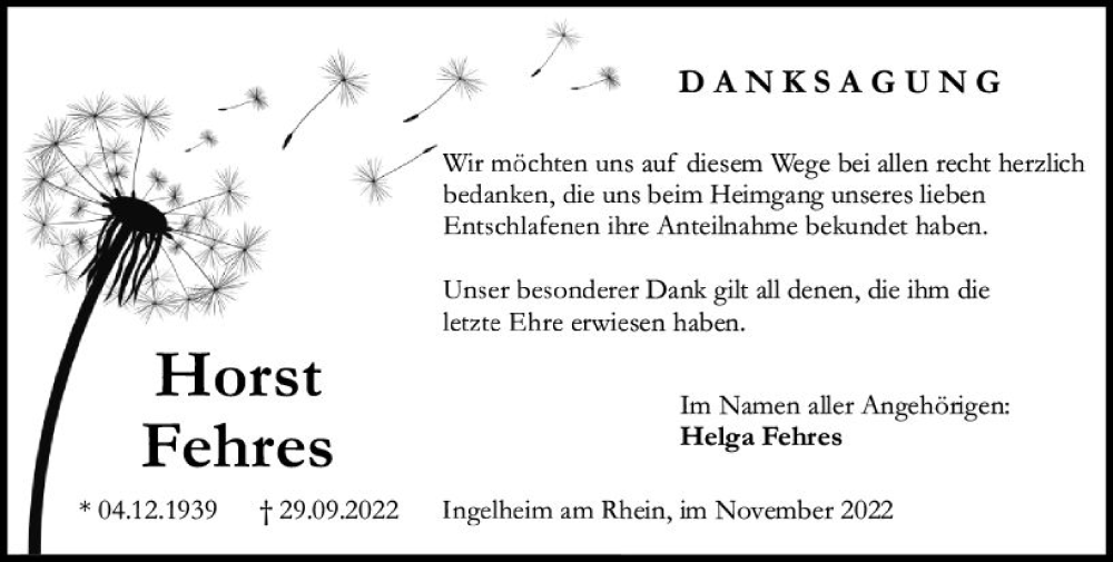  Traueranzeige für Horst Fehres vom 05.11.2022 aus vrm-trauer Allgemeine  Zeitung Ingelheim-Bingen
