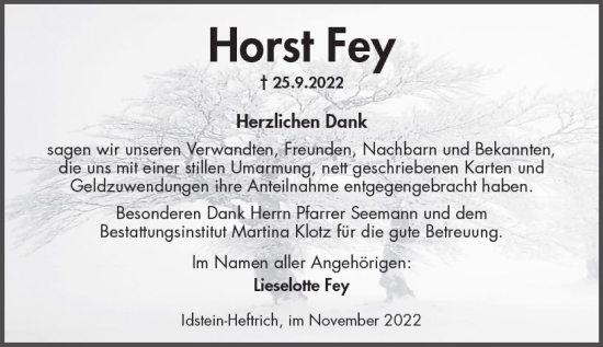 Traueranzeige von Horst Fey von vrm-trauer Idsteiner Zeitung