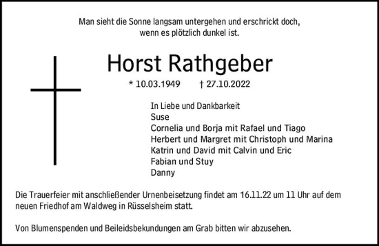 Traueranzeige von Horst Rathgeber von vrm-trauer Rüsselsheimer Echo / MainSpitze