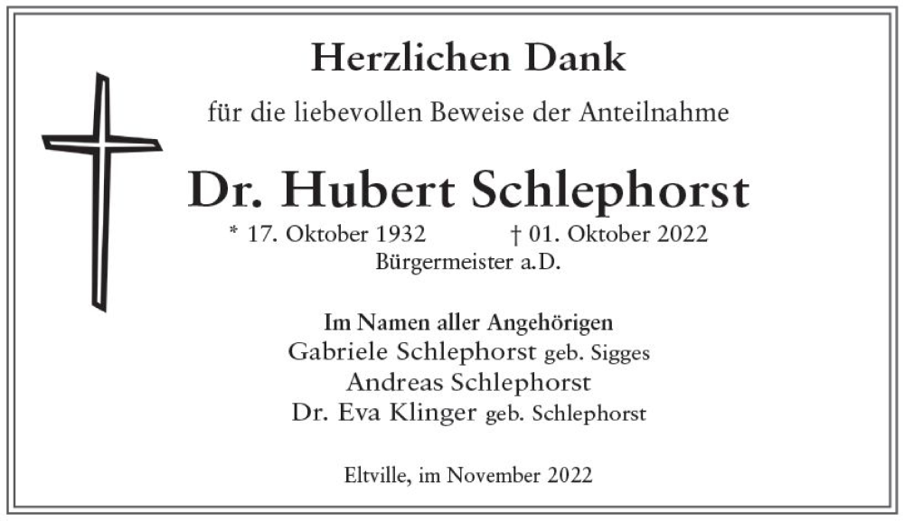  Traueranzeige für Hubert Schlephorst vom 05.11.2022 aus vrm-trauer Wiesbadener Kurier