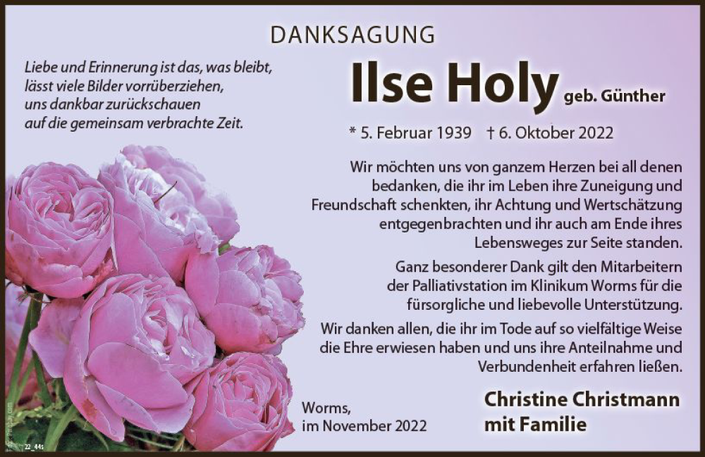  Traueranzeige für Ilse Holy vom 05.11.2022 aus vrm-trauer Wormser Zeitung