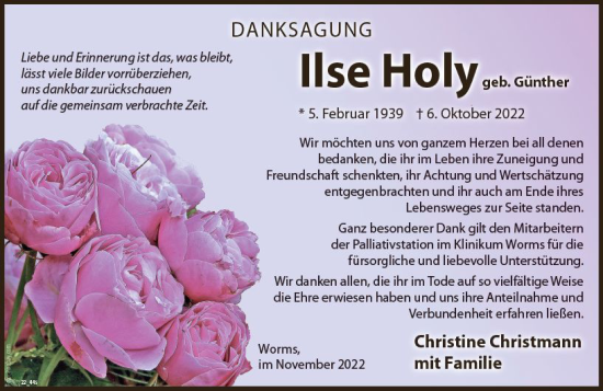 Traueranzeige von Ilse Holy von vrm-trauer Wormser Zeitung