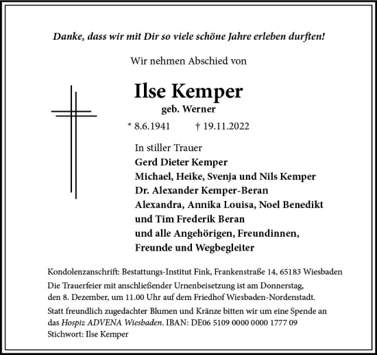Traueranzeige von Ilse Kemper von vrm-trauer Wiesbadener Kurier