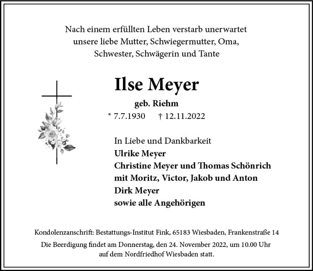  Traueranzeige für Ilse Meyer vom 19.11.2022 aus vrm-trauer Wiesbadener Kurier