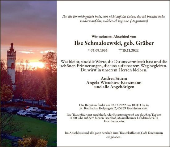 Traueranzeige von Ilse Schmaloewski von vrm-trauer Hochheimer Zeitung