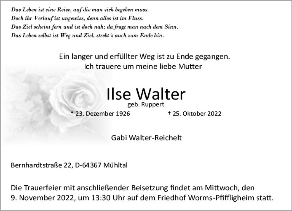  Traueranzeige für Ilse Walter vom 05.11.2022 aus vrm-trauer Wormser Zeitung