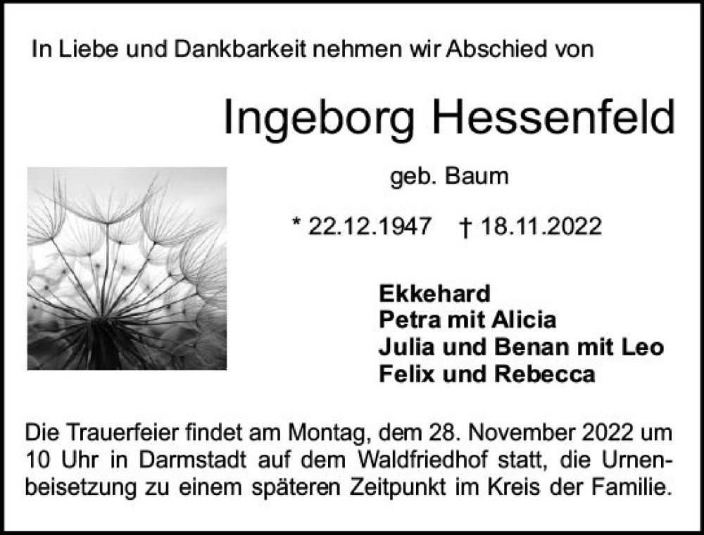 Traueranzeige für Ingeborg Hessenfeld vom 23.11.2022 aus vrm-trauer Darmstädter Echo
