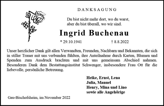 Traueranzeige von Ingrid Buchenau von vrm-trauer AZ Mainz