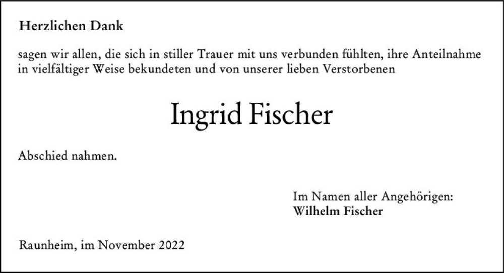  Traueranzeige für Ingrid Fischer vom 05.11.2022 aus vrm-trauer Rüsselsheimer Echo / MainSpitze