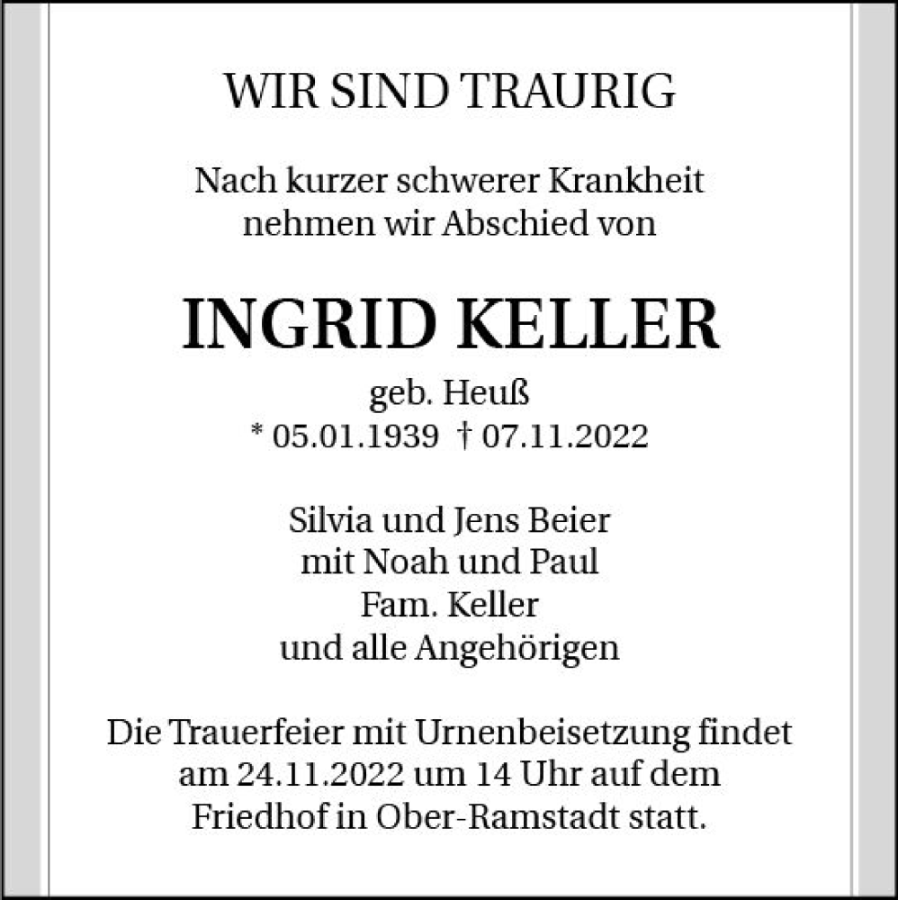  Traueranzeige für Ingrid Keller vom 19.11.2022 aus vrm-trauer Darmstädter Echo