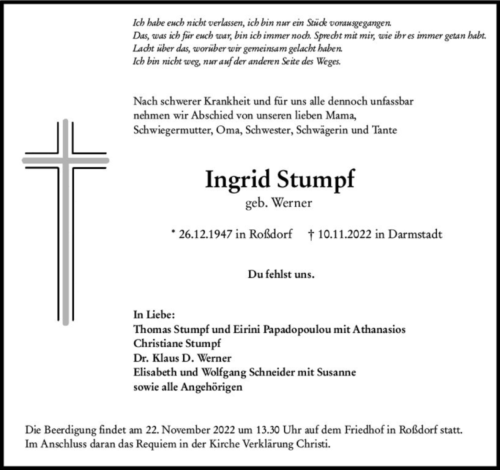  Traueranzeige für Ingrid Stumpf vom 19.11.2022 aus vrm-trauer Darmstädter Echo