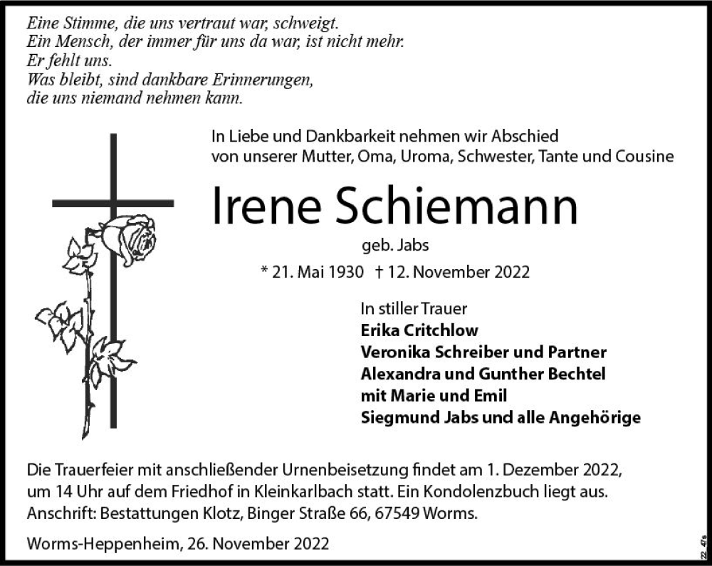  Traueranzeige für Irene Schiemann vom 28.11.2022 aus vrm-trauer Wormser Zeitung