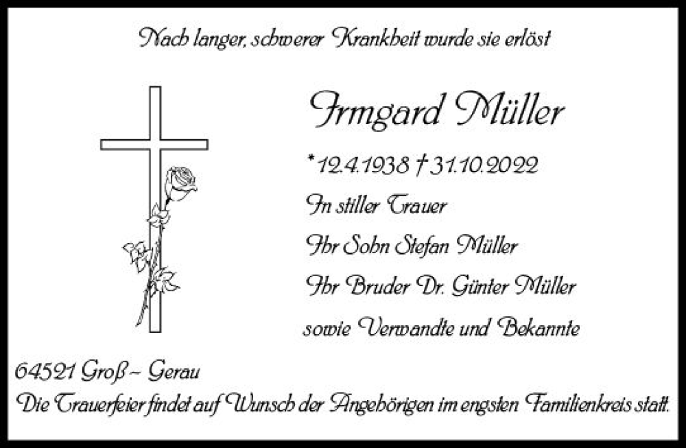  Traueranzeige für Irmgard Müller vom 05.11.2022 aus vrm-trauer Groß-Gerauer Echo