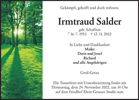 Traueranzeige von Irmtraud Salder von vrm-trauer Groß-Gerauer Echo