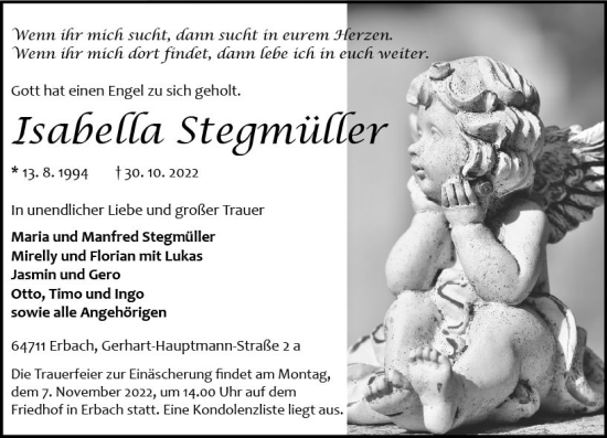 Traueranzeige von Isabella Stegmüller von vrm-trauer Odenwälder Echo