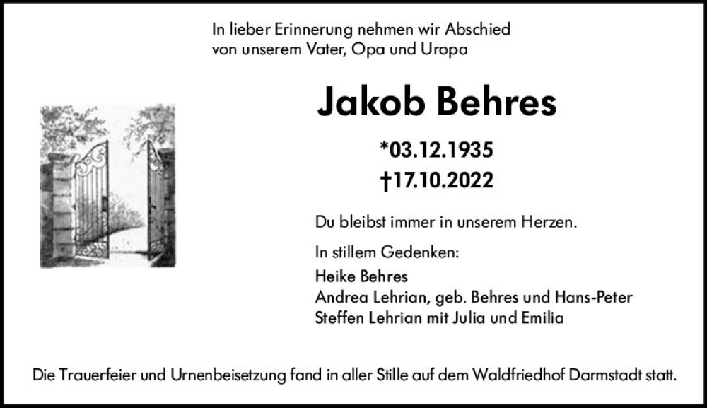  Traueranzeige für Jakob Behres vom 05.11.2022 aus vrm-trauer Darmstädter Echo