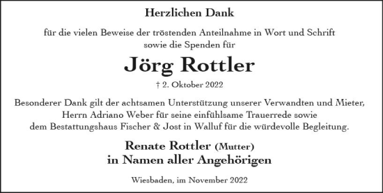 Traueranzeige von Jörg Rottler von vrm-trauer Wiesbadener Kurier