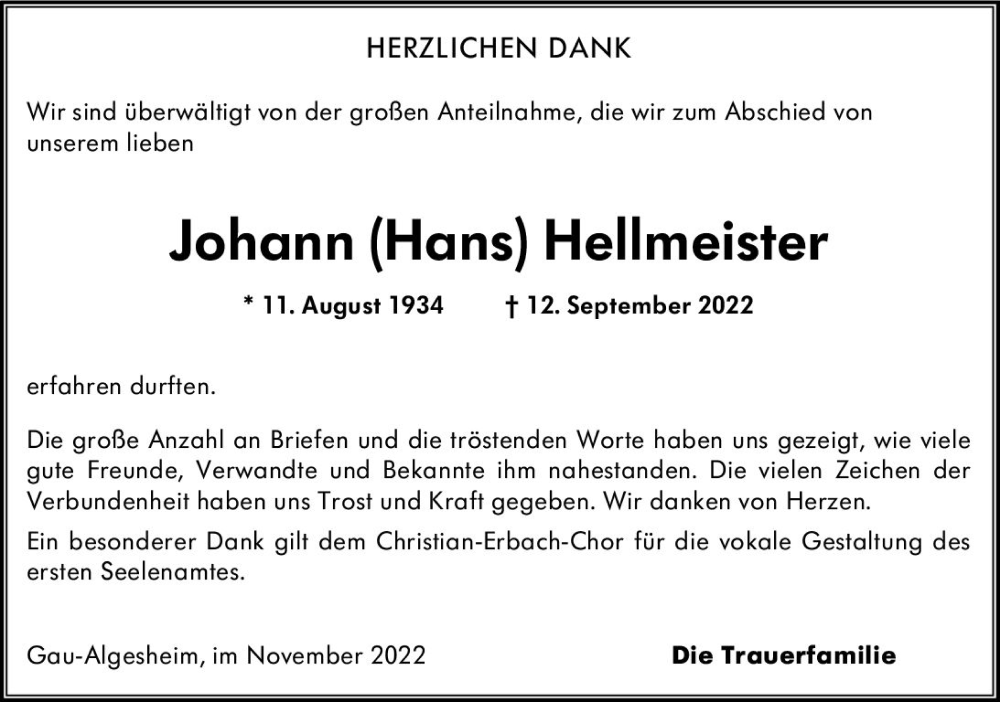  Traueranzeige für Johann Hellmeister vom 12.11.2022 aus vrm-trauer Allgemeine  Zeitung Ingelheim-Bingen