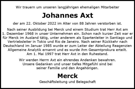 Traueranzeige von Johannes Axt von vrm-trauer Darmstädter Echo