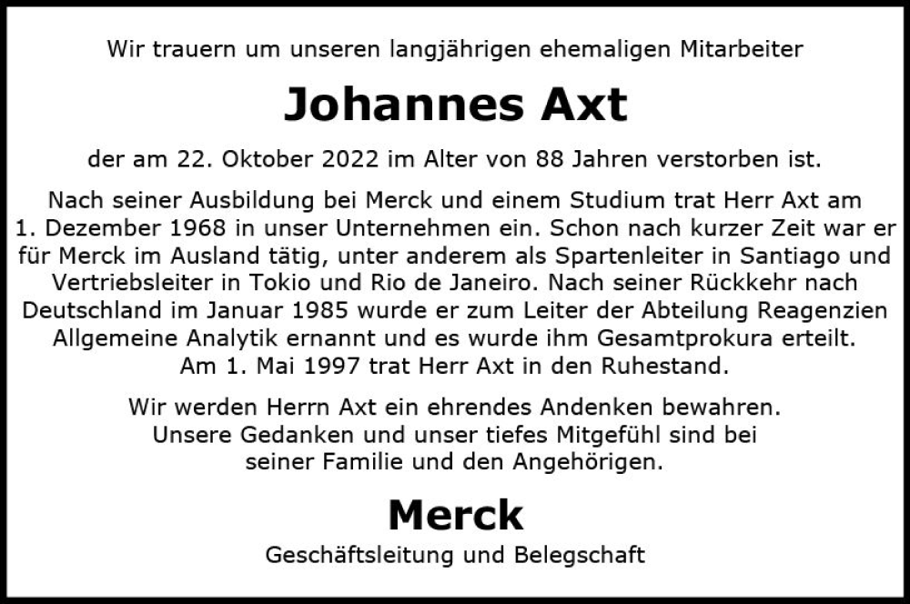  Traueranzeige für Johannes Axt vom 18.11.2022 aus vrm-trauer Darmstädter Echo