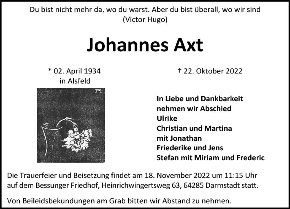  Traueranzeige für Johannes Axt vom 05.11.2022 aus vrm-trauer Darmstädter Echo