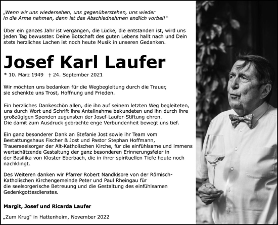 Traueranzeige von Josef Karl Laufer von vrm-trauer Wiesbadener Kurier