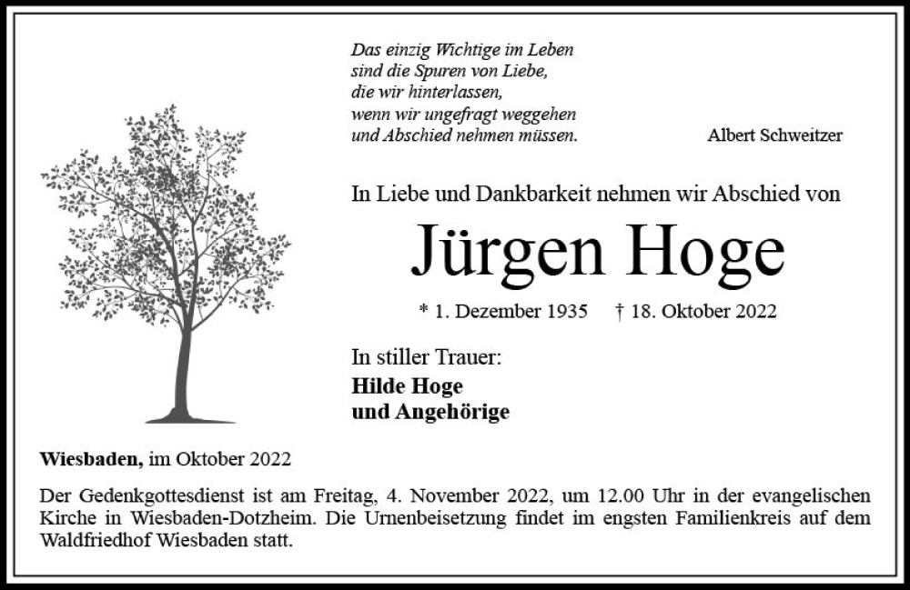  Traueranzeige für Jürgen Hoge vom 02.11.2022 aus vrm-trauer Wiesbadener Kurier
