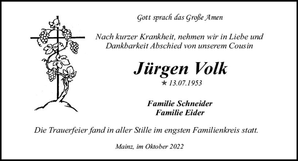  Traueranzeige für Jürgen Volk vom 26.11.2022 aus vrm-trauer AZ Mainz