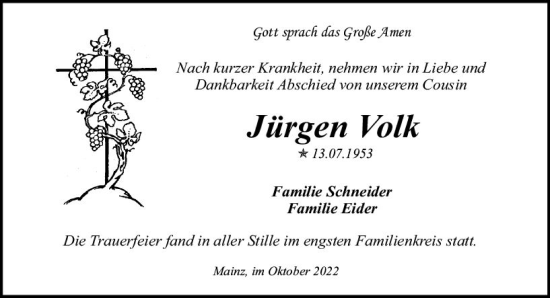 Traueranzeige von Jürgen Volk von vrm-trauer AZ Mainz