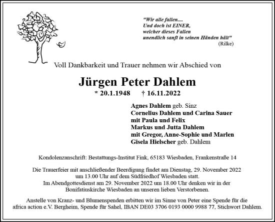 Traueranzeige von Jürgen Peter Dahlem von vrm-trauer Wiesbadener Kurier