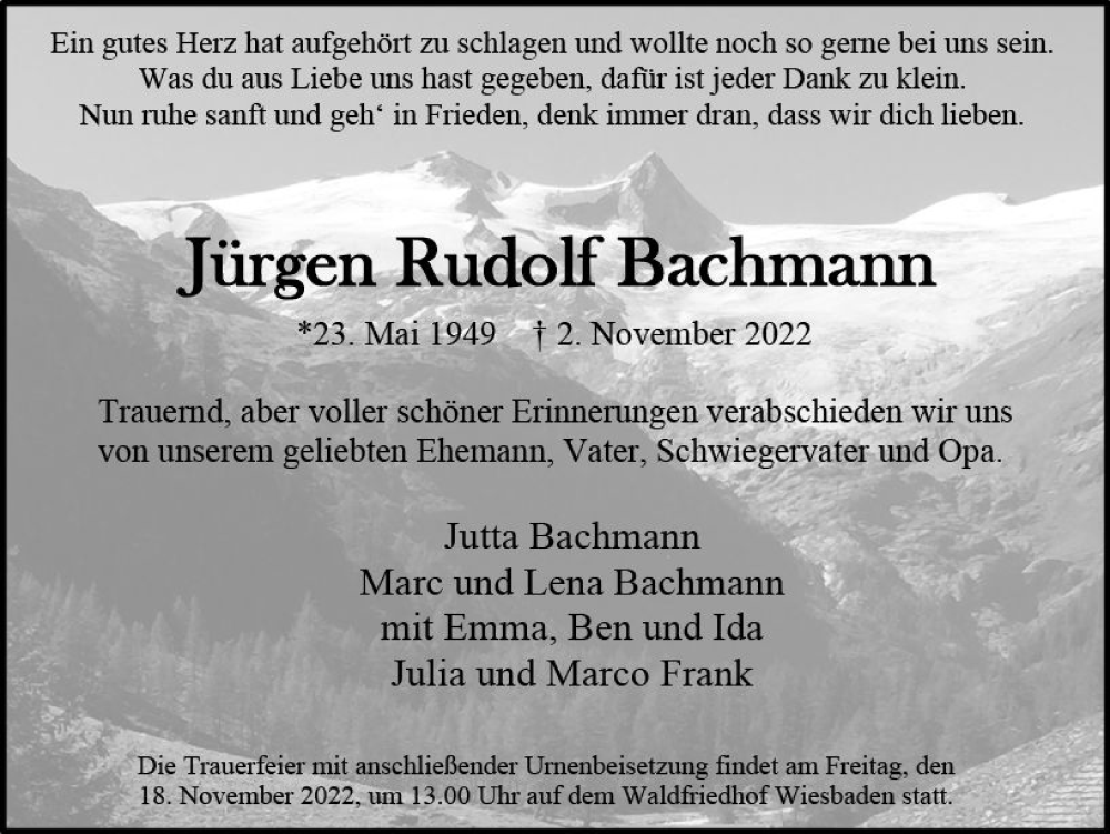  Traueranzeige für Jürgen Rudolf Bachmann vom 12.11.2022 aus vrm-trauer Wiesbadener Kurier