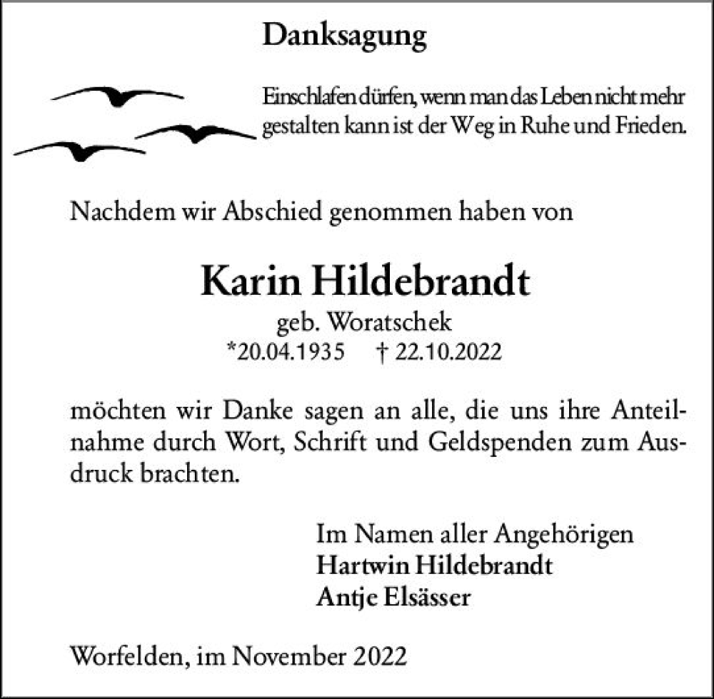  Traueranzeige für Karin Hildebrandt vom 19.11.2022 aus vrm-trauer Groß-Gerauer Echo