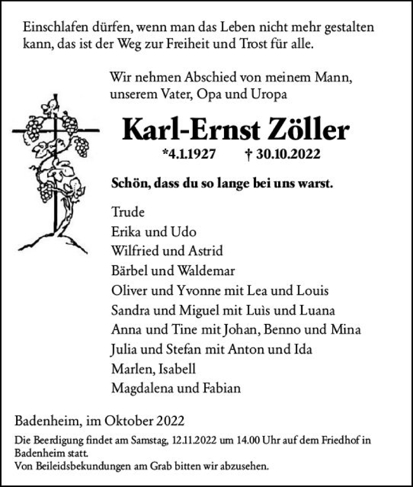  Traueranzeige für Karl-Ernst Zöller vom 05.11.2022 aus vrm-trauer Allg. Zeitung Bad Kreuznach