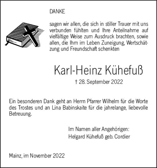 Traueranzeige von Karl-Heinz Kühefuß von vrm-trauer Allgemeine  Zeitung Ingelheim-Bingen