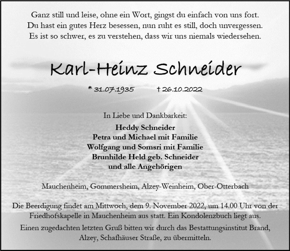  Traueranzeige für Karl-Heinz Schneider vom 05.11.2022 aus vrm-trauer Allgemeine Zeitung Alzey