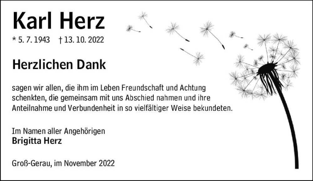  Traueranzeige für Karl Herz vom 05.11.2022 aus vrm-trauer Groß-Gerauer Echo